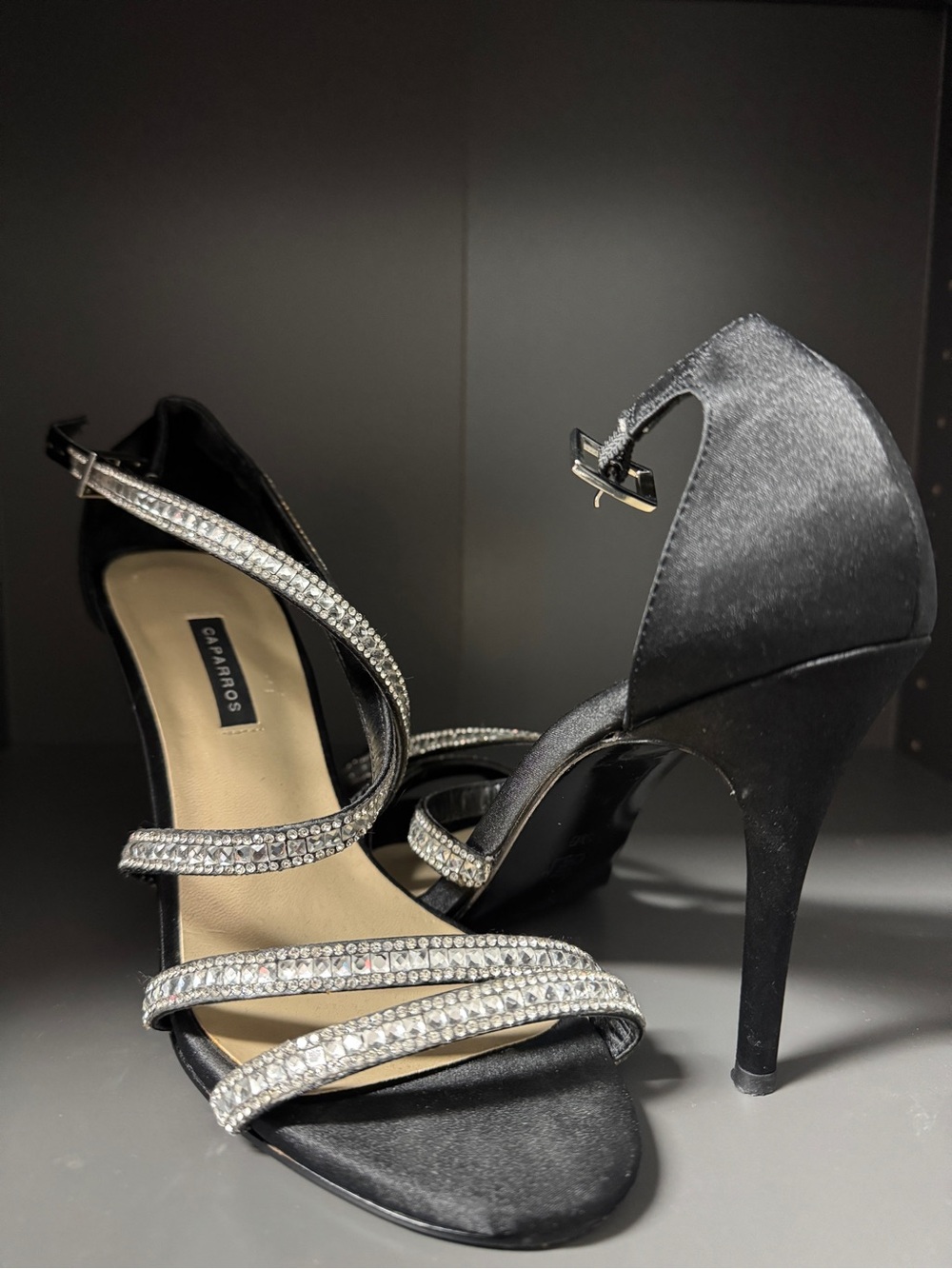 Caparros Black Satin Stiletto Heels with Rhinestone Straps